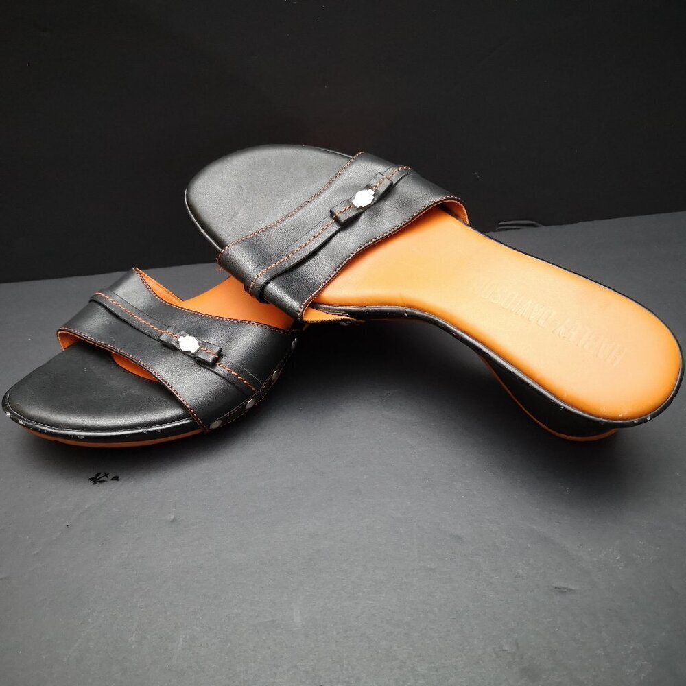 Harley Davidson Motor Cycles Ladies Size 6 Orange & Black Wedge Heel Sandals